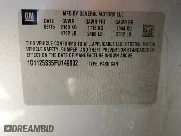 ✅ 2015 Chevrolet Impala LT • VIN: 1G1125S35FU149002 • Лот: 51846364. Опубликован ранее на Copart с пробегом Не указан. Бесплатный доступ к архиву аукционных продаж из США и подробный отчёт об истории автомобиля на DreamBid. Изображение 12.