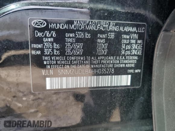 ✅ 2017 Hyundai Santa Fe 2.4L • VIN: 5NMZUDLB4HH035278 • Lot: 57502165. Listed on Copart with 69,345 mi. Free auction sales archive from the USA and detailed vehicle history report at DreamBid. Image 13.