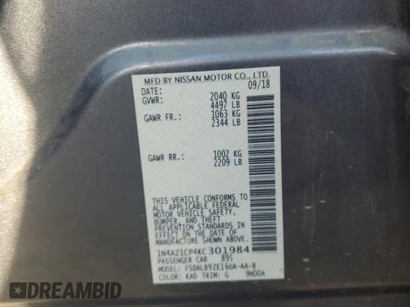 ✅ 2019 Nissan LEAF SL • VIN: 1N4AZ1CP4KC301984 • Lot: 85152835. Wystawiony na Copart z przebiegiem 60 985 mil. Bezpłatny archiwum sprzedaży aukcyjnych z USA i szczegółowy raport historii pojazdu na DreamBid. Zdjęcie 12.