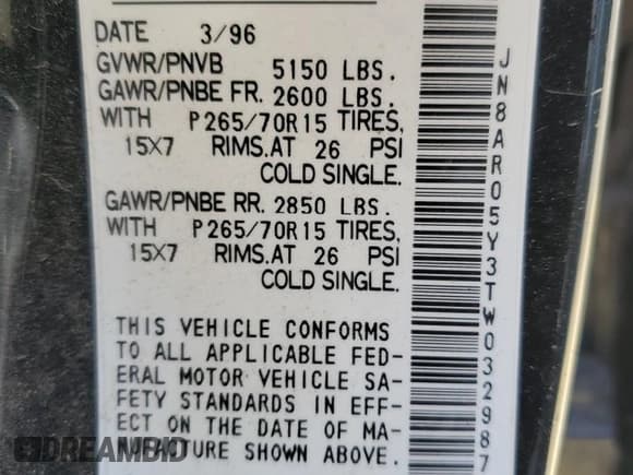 ✅ 1996 Nissan Pathfinder XE • VIN: JN8AR05Y3TW032987 • Lot: 64073234. Listed on Copart with 250,760 mi. Free auction sales archive from the USA and detailed vehicle history report at DreamBid. Image 13.