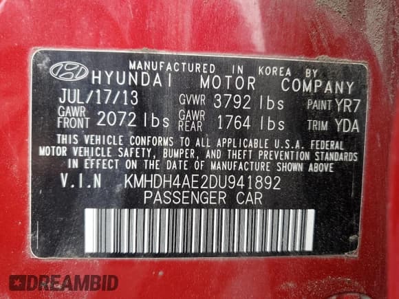 ✅ 2013 Hyundai Elantra GLS • VIN: KMHDH4AE2DU941892 • Lot: 92040655. Listed on Copart with 152,146 mi. Free auction sales archive from the USA and detailed vehicle history report at DreamBid. Image 12.