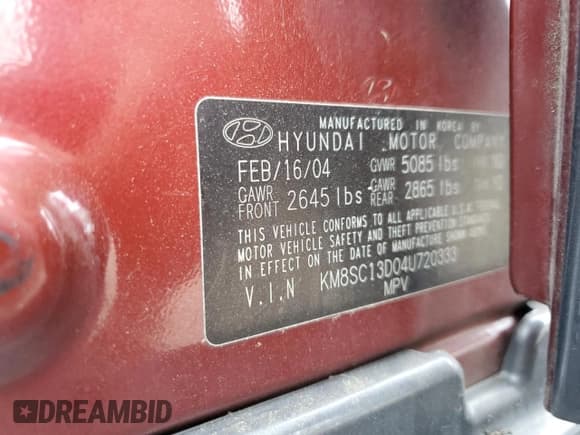 ✅ 2004 Hyundai Santa Fe GLS • VIN: KM8SC13D04U720333 • Lot: 69958225. Listed on Copart with 173,693 mi. Free auction sales archive from the USA and detailed vehicle history report at DreamBid. Image 13.