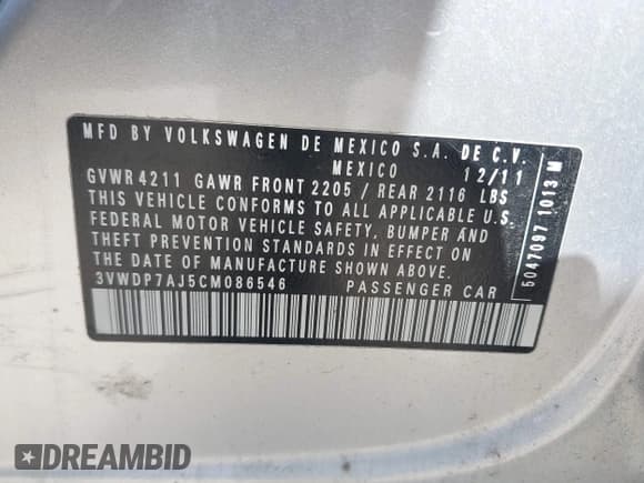 ✅ 2012 Volkswagen Jetta SE • VIN: 3VWDP7AJ5CM086546 • Лот: 43296423. Опубликован ранее на IAAI с пробегом 137 789 миль. Бесплатный доступ к архиву аукционных продаж из США и подробный отчёт об истории автомобиля на DreamBid. Изображение 9.