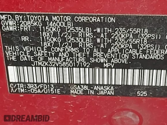 ✅ 2008 Toyota RAV4 Sport • VIN: JTMZK32V585017192 • Lot: 42673654. Listed on IAAI with 158,494 mi. Free auction sales archive from the USA and detailed vehicle history report at DreamBid. Image 9.