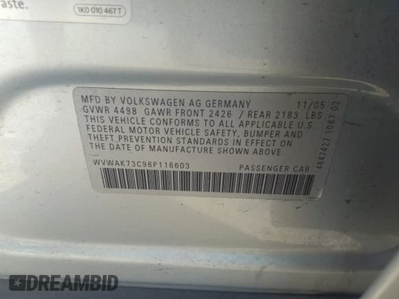 ✅ 2006 Volkswagen Passat Value Edition • VIN: WVWAK73C96P116603 • Lot: 42374232. Listed on IAAI with 152,331 mi. Free auction sales archive from the USA and detailed vehicle history report at DreamBid. Image 9.