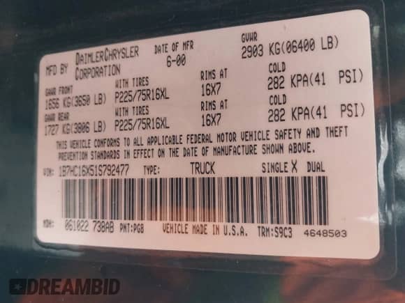 2001 Dodge 1500 Work Special with VIN 1B7HC16X51S792477, listed as a IAAI auction lot 43536785 with 121,085 mi miles and . Bid and sale history available at DreamBid. Image 9.