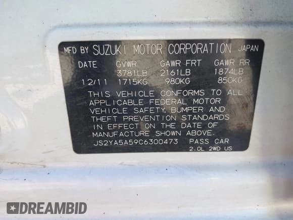 ✅ 2012 Suzuki SX4 Sportback • VIN: JS2YA5A59C6300473 • Lot: 43025683. Listed on IAAI with 253,108 mi. Free auction sales archive from the USA and detailed vehicle history report at DreamBid. Image 9.