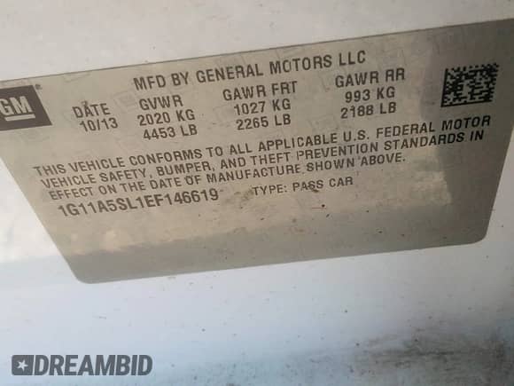 2014 Chevrolet Malibu LS с VIN 1G11A5SL1EF146619, выставлен на аукционе IAAI как лот 43222794 с пробегом Не указан миль и . История ставок и продаж доступна на DreamBid. Изображение 9.