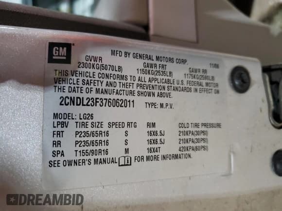 ✅ 2007 Chevrolet Equinox LS • VIN: 2CNDL23F376062011 • Лот: 83089174. Опубликован ранее на Copart с пробегом 297 338 миль. Бесплатный доступ к архиву аукционных продаж из США и подробный отчёт об истории автомобиля на DreamBid. Изображение 13.