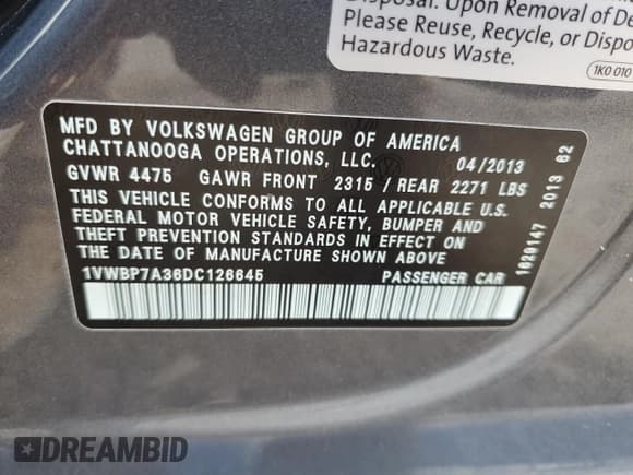 ✅ 2013 Volkswagen Passat SE • VIN: 1VWBP7A36DC126645 • Lot: 90361515. Listed on Copart with 126,058 mi. Free auction sales archive from the USA and detailed vehicle history report at DreamBid. Image 12.