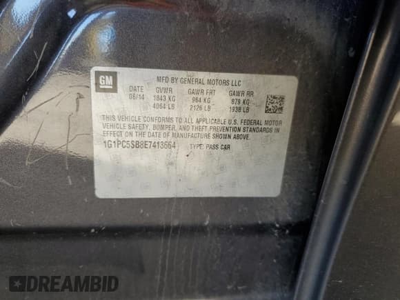 ✅ 2014 Chevrolet Cruze 1LT • VIN: 1G1PC5SB8E7413664 • Lot: 89469535. Listed on Copart with 172,688 mi. Free auction sales archive from the USA and detailed vehicle history report at DreamBid. Image 13.