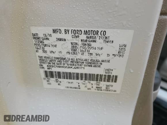 2010 Mercury Mariner Premier с VIN 4M2CN9HG1AKJ28171, выставлен на аукционе Copart как лот 80882805 с пробегом 124 347 миль миль и Списание • Salvage title. История ставок и продаж доступна на DreamBid. Изображение 13.