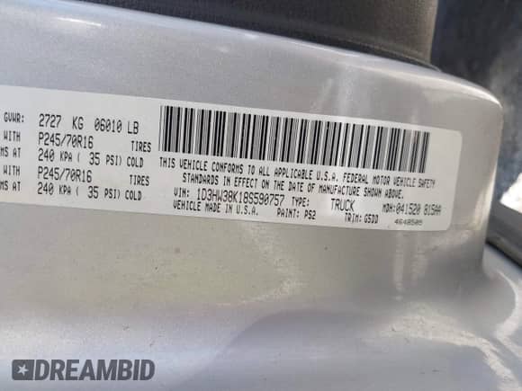 2008 Dodge Dakota z VIN 1D3HW38K18S590757, wystawiony jako IAAI lot #42501413 z przebiegiem Nie podano mil oraz . Historia ofert i sprzedaży dostępna na DreamBid. Obrazek 9.