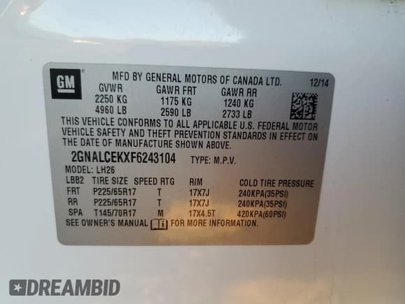 ✅ 2015 Chevrolet Equinox LT • VIN: 2GNALCEKXF6243104 • Лот: 93942635. Опубликован ранее на Copart с пробегом 85 689 миль. Бесплатный доступ к архиву аукционных продаж из США и подробный отчёт об истории автомобиля на DreamBid. Изображение 13.