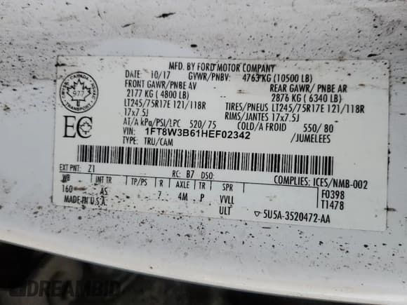 ✅ 2017 Ford F-350 Platinum • VIN: 1FT8W3B61HEF02342 • Lot: 53555315. Listed on Copart with 120,231 mi. Free auction sales archive from the USA and detailed vehicle history report at DreamBid. Image 12.