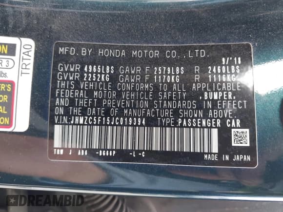 ✅ 2018 Honda Clarity • VIN: JHMZC5F15JC019394 • Lot: 43261290. Wystawiony na IAAI z przebiegiem 168 775 mil. Bezpłatny archiwum sprzedaży aukcyjnych z USA i szczegółowy raport historii pojazdu na DreamBid. Zdjęcie 9.