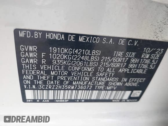 ✅ 2024 Honda HR-V LX • VIN: 3CZRZ2H35RM736072 • Lot: 43033247. Listed on IAAI with 16,395 mi. Free auction sales archive from the USA and detailed vehicle history report at DreamBid. Image 9.