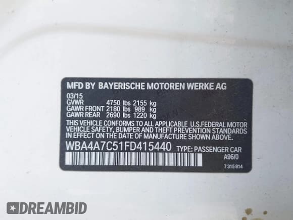 ✅ 2015 BMW 4 Series 428i xDrive • VIN: WBA4A7C51FD415440 • Lot: 42378459. Listed on IAAI with 116,445 mi. Free auction sales archive from the USA and detailed vehicle history report at DreamBid. Image 9.