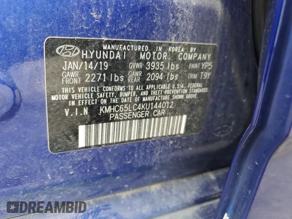 ✅ 2019 Hyundai Ioniq Blue • VIN: KMHC65LC4KU144012 • Lot: 67105635. Listed on Copart with 234,452 mi. Free auction sales archive from the USA and detailed vehicle history report at DreamBid. Image 12.