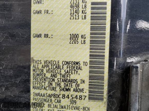 2013 Nissan Maxima SV with VIN 1N4AA5AP8DC845487, listed as a Copart auction lot 87098385 with 105,766 mi miles and Salvage title. Bid and sale history available at DreamBid. Image 13.