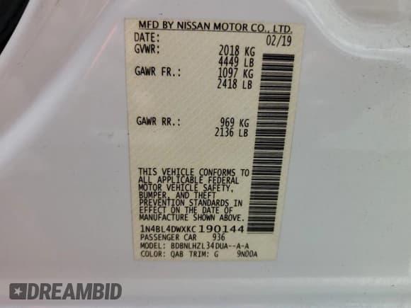 ✅ 2019 Nissan Altima SV • VIN: 1N4BL4DWXKC190144 • Лот: 68934275. Опубликован ранее на Copart с пробегом 92 824 миль. Бесплатный доступ к архиву аукционных продаж из США и подробный отчёт об истории автомобиля на DreamBid. Изображение 12.