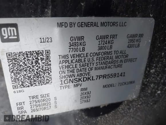 ✅ 2023 Chevrolet Suburban • VIN: 1GNSKDKL7PR559141 • Лот: 41444607. Опубликован ранее на IAAI с пробегом 59 087 миль. Бесплатный доступ к архиву аукционных продаж из США и подробный отчёт об истории автомобиля на DreamBid. Изображение 9.