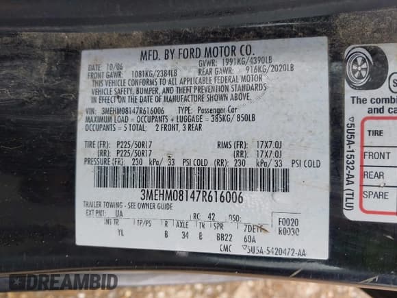 ✅ 2007 Mercury Milan Premier • VIN: 3MEHM08147R616006 • Lot: 42321780. Listed on IAAI with 262,583 mi. Free auction sales archive from the USA and detailed vehicle history report at DreamBid. Image 9.