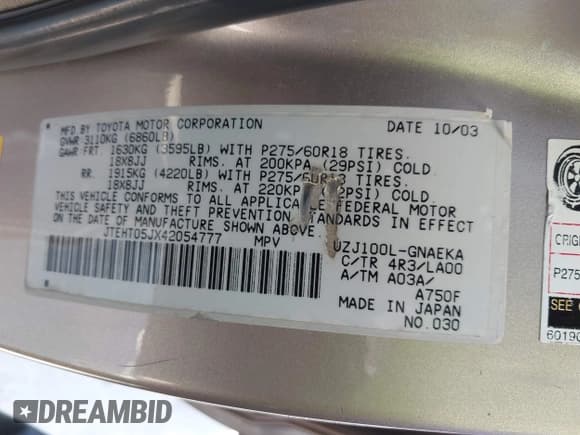 ✅ 2004 Toyota Land Cruiser • VIN: JTEHT05JX42054777 • Lot: 43096258. Listed on IAAI with 277,442 mi. Free auction sales archive from the USA and detailed vehicle history report at DreamBid. Image 9.