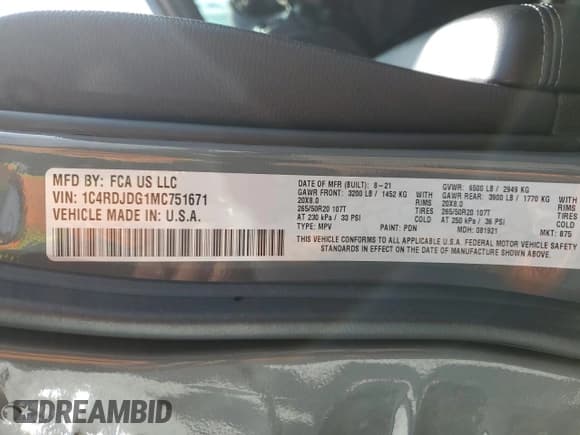 ✅ 2021 Dodge Durango GT • VIN: 1C4RDJDG1MC751671 • Lot: 55918625. Listed on Copart with 49,208 mi. Free auction sales archive from the USA and detailed vehicle history report at DreamBid. Image 12.