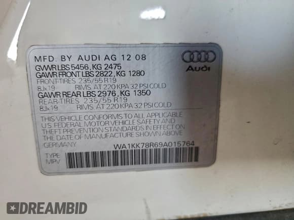 ✅ 2009 Audi Q5 Premium • VIN: WA1KK78R69A015764 • Лот: 94679715. Опубликован ранее на Copart с пробегом Не указан. Бесплатный доступ к архиву аукционных продаж из США и подробный отчёт об истории автомобиля на DreamBid. Изображение 12.