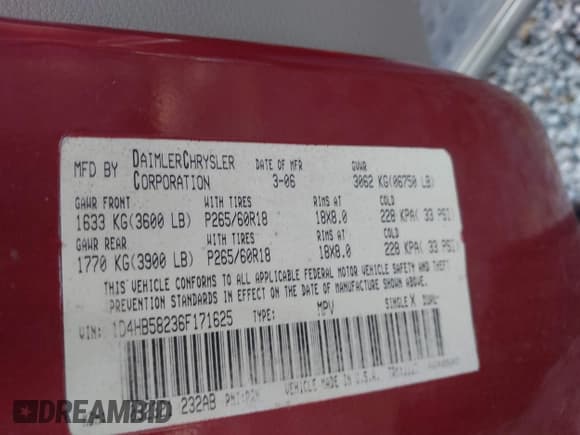 ✅ 2006 Dodge Durango Limited • VIN: 1D4HB58236F171625 • Лот: 43618534. Опубликован ранее на IAAI с пробегом 52 267 миль. Бесплатный доступ к архиву аукционных продаж из США и подробный отчёт об истории автомобиля на DreamBid. Изображение 9.