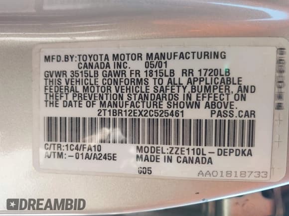 ✅ 2002 Toyota Corolla S • VIN: 2T1BR12EX2C525461 • Lot: 43626543. Listed on IAAI with 215,208 mi. Free auction sales archive from the USA and detailed vehicle history report at DreamBid. Image 9.