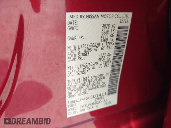 ✅ 2016 Nissan Titan Platinum Reserve • VIN: 1N6BA1F44GN501411 • Lot: 42410999. Wystawiony na IAAI z przebiegiem 149 277 mil. Bezpłatny archiwum sprzedaży aukcyjnych z USA i szczegółowy raport historii pojazdu na DreamBid. Zdjęcie 9.