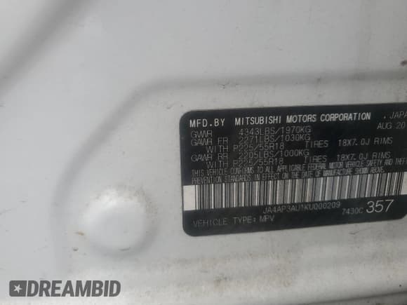 ✅ 2019 Mitsubishi Outlander ES • VIN: JA4AP3AU1KU000209 • Lot: 85683925. Listed on Copart with 60,868 mi. Free auction sales archive from the USA and detailed vehicle history report at DreamBid. Image 13.