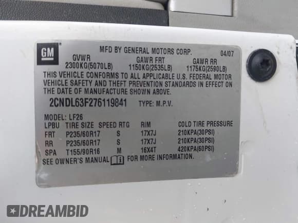 ✅ 2007 Chevrolet Equinox LT • VIN: 2CNDL63F276119841 • Лот: 41966890. Опубликован ранее на IAAI с пробегом 139 945 миль. Бесплатный доступ к архиву аукционных продаж из США и подробный отчёт об истории автомобиля на DreamBid. Изображение 9.