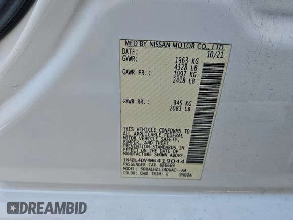 ✅ 2021 Nissan Altima SV • VIN: 1N4BL4DV4MN419044 • Lot: 94414065. Listed on Copart with 167,420 mi. Free auction sales archive from the USA and detailed vehicle history report at DreamBid. Image 12.