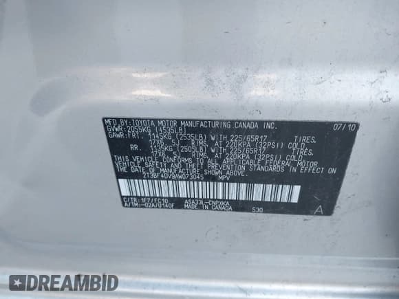 ✅ 2010 Toyota RAV4 • VIN: 2T3BF4DV9AW073045 • Лот: 43884196. Опубликован ранее на IAAI с пробегом Не указан. Бесплатный доступ к архиву аукционных продаж из США и подробный отчёт об истории автомобиля на DreamBid. Изображение 9.