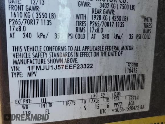 ✅ 2014 Ford Expedition King Ranch • VIN: 1FMJU1J57EEF23322 • Lot: 82728465. Listed on Copart with 151,283 mi. Free auction sales archive from the USA and detailed vehicle history report at DreamBid. Image 14.