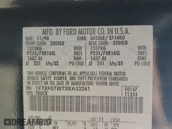 ✅ 1999 Ford F-150 XL • VIN: 1FTRF07W7XKA53261 • Lot: 46001345. Wystawiony na Copart z przebiegiem 183 965 mil. Bezpłatny archiwum sprzedaży aukcyjnych z USA i szczegółowy raport historii pojazdu na DreamBid. Zdjęcie 14.