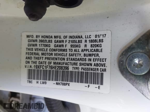 ✅ 2017 Honda Civic EX-L • VIN: 19XFC1F76HE208396 • Lot: 43208450. Listed on IAAI with 75,981 mi. Free auction sales archive from the USA and detailed vehicle history report at DreamBid. Image 9.