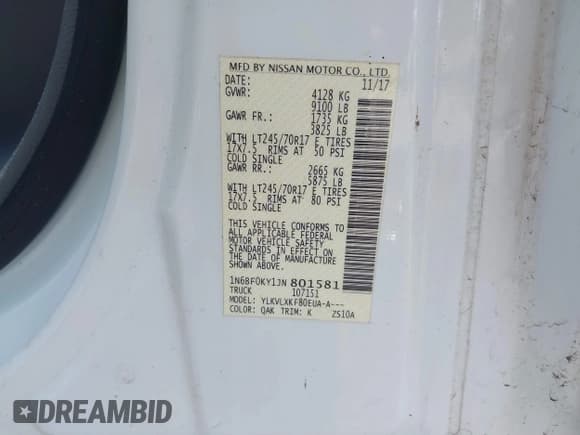 ✅ 2018 Nissan NV Cargo S • VIN: 1N6BF0KY1JN801581 • Лот: 42431982. Опубликован ранее на IAAI с пробегом 247 540 миль. Бесплатный доступ к архиву аукционных продаж из США и подробный отчёт об истории автомобиля на DreamBid. Изображение 9.