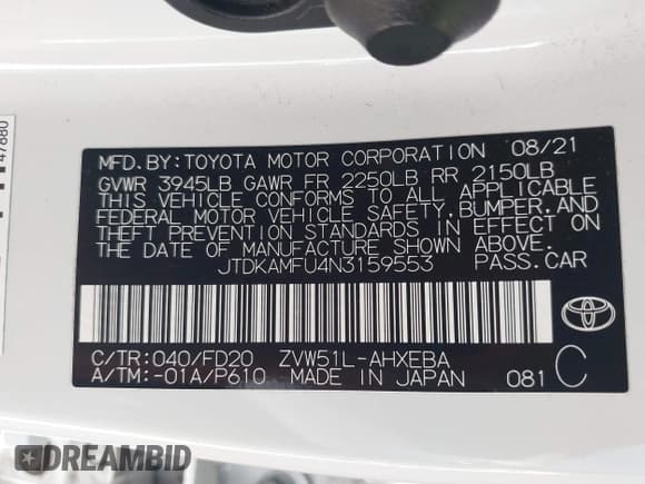 ✅ 2022 Toyota Prius L Eco • VIN: JTDKAMFU4N3159553 • Lot: 43496255. Listed on IAAI with 72,455 mi. Free auction sales archive from the USA and detailed vehicle history report at DreamBid. Image 9.