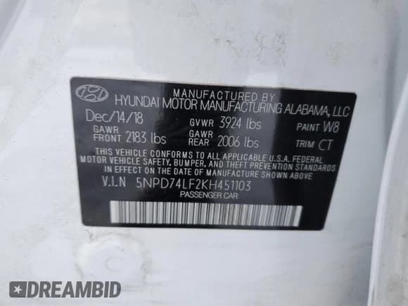 ✅ 2019 Hyundai Elantra SE • VIN: 5NPD74LF2KH451103 • Lot: 87798245. Listed on Copart with 58,456 mi. Free auction sales archive from the USA and detailed vehicle history report at DreamBid. Image 12.