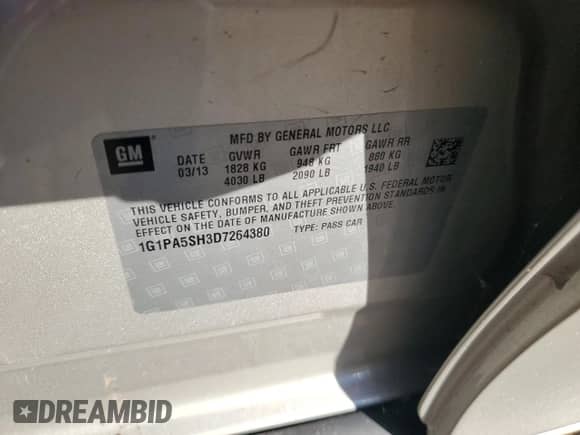 2013 Chevrolet Cruze LS with VIN 1G1PA5SH3D7264380, listed as a Copart auction lot 83837285 with 215,833 mi miles and Clean title. Bid and sale history available at DreamBid. Image 12.