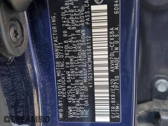 2021 Toyota Camry Hybrid SE с VIN 4T1G31AK3MU566112, выставлен на аукционе Copart как лот 89485215 с пробегом 47 664 миль миль и Списание • Salvage title. История ставок и продаж доступна на DreamBid. Изображение 13.