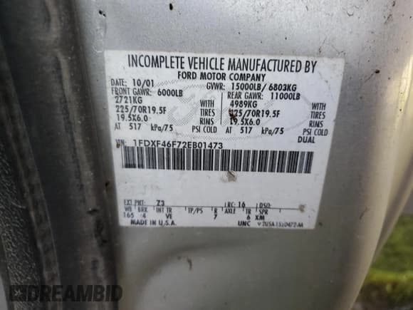 ✅ 2002 Ford F-450 XL • VIN: 1FDXF46F72EB01473 • Lot: 93685535. Listed on Copart with 249,718 mi. Free auction sales archive from the USA and detailed vehicle history report at DreamBid. Image 12.