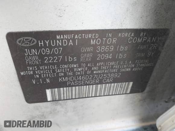 2007 Hyundai Elantra GLS with VIN KMHDU46D27U253892, listed as a IAAI auction lot 43615922 with 203,311 mi miles and . Bid and sale history available at DreamBid. Image 9.