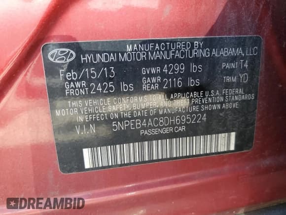 ✅ 2013 Hyundai Sonata GLS • VIN: 5NPEB4AC8DH695224 • Lot: 70325704. Listed on Copart with 72,718 mi. Free auction sales archive from the USA and detailed vehicle history report at DreamBid. Image 12.