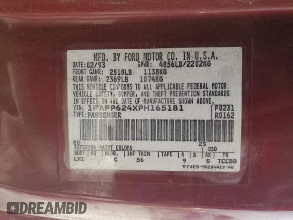 ✅ 1993 Ford Thunderbird • VIN: 1FAPP624XPH165181 • Lot: 56587485. Listed on Copart with 78,273 mi. Free auction sales archive from the USA and detailed vehicle history report at DreamBid. Image 12.