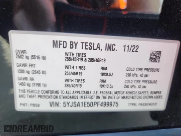 ✅ 2023 Tesla Model S • VIN: 5YJSA1E50PF499975 • Лот: 85133395. Опубликован ранее на Copart с пробегом 51 581 миль. Бесплатный доступ к архиву аукционных продаж из США и подробный отчёт об истории автомобиля на DreamBid. Изображение 12.